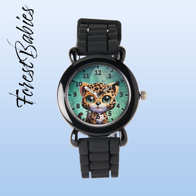 Niedlicher Leopard-Whimsical-Verzauberter Waldmond Armbanduhr (Leopard 🐆 Forest Moon Customizable ForestBabies Kids Watch)