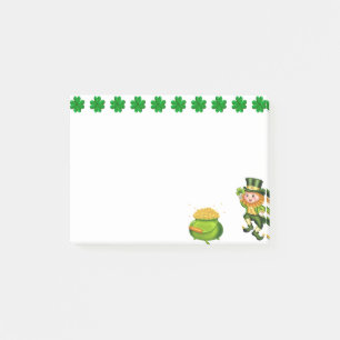 Niedlicher Leprechaun, Glück bringende Shamrocks u Post-it Klebezettel