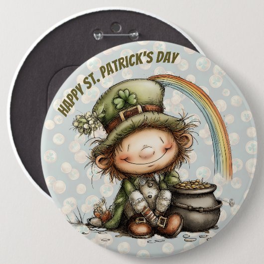 Niedlicher Leprechaun mit Goldtopf und Regenbogen Button (Vorne & Hinten)