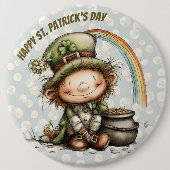 Niedlicher Leprechaun mit Goldtopf und Regenbogen Button (Vorderseite)