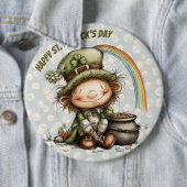 Niedlicher Leprechaun mit Goldtopf und Regenbogen Button (Beispiel)