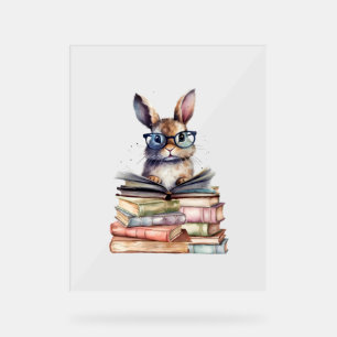 Niedlicher Leserhase mit Brillenbüchern Buchwurm R Acrylschild