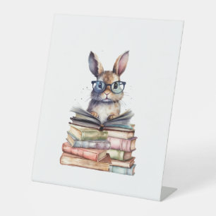 Niedlicher Leserhase mit Brillenbüchern Buchwurm R Sockelschild