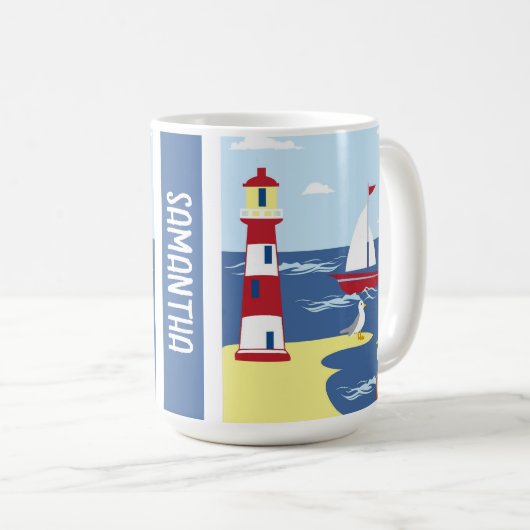Niedlicher Leuchtturm und Küstenlinie Personalisie Kaffeetasse (VorderseiteRechts)