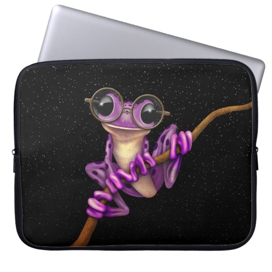 Niedlicher lila Baum-Frosch mit Augen-Gläsern mit Laptopschutzhülle (Vorderseite)