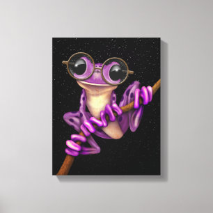 Niedlicher lila Baum-Frosch mit Augen-Gläsern mit Leinwanddruck