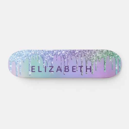 Niedlicher Lila Blauer Glitzer Personalisiert Skateboard (Horizontal)