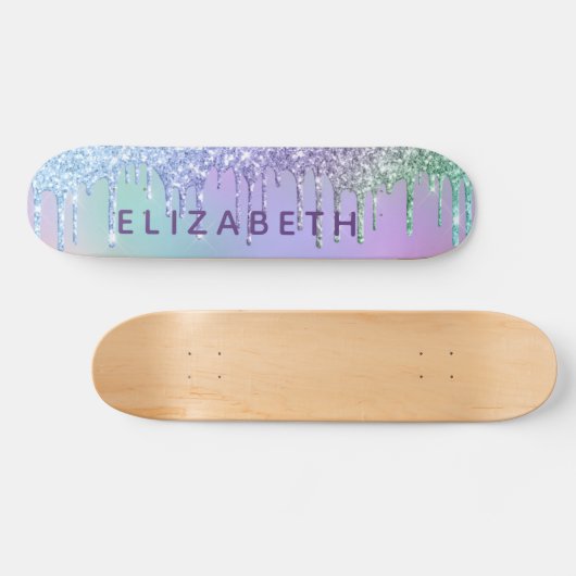 Niedlicher Lila Blauer Glitzer Personalisiert Skateboard (Horizontal)