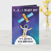 Niedlicher Lila Blue Astronaut Satellite 8. Geburt Karte (Gelbe Blume)