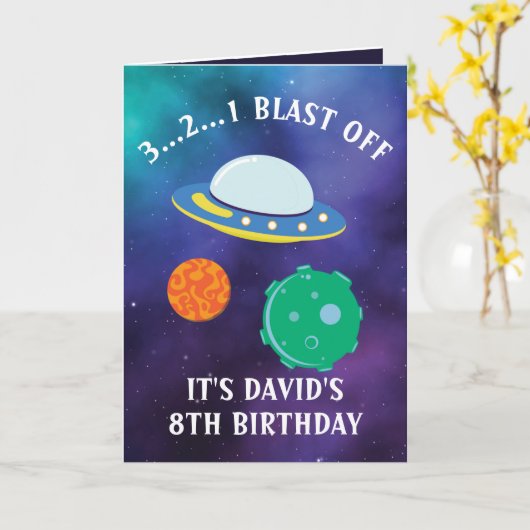 Niedlicher Lila Blue Flying Saucer Galaxy 8. Gebur Karte (Gelbe Blume)