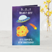 Niedlicher Lila Blue Space Flying Saucer 8. Geburt Karte (Gelbe Blume)