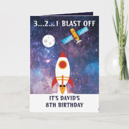 Niedlicher Lila Blue Space Rocket Moon 8. Geburtst Karte
