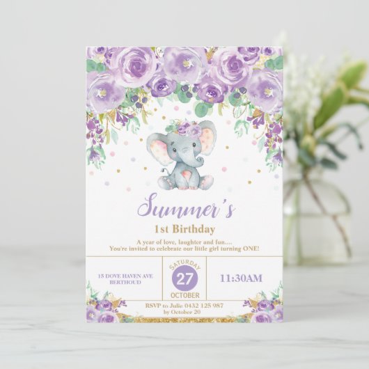 Niedlicher lila Blumenelefant-1. Einladung (Stehend Vorderseite)