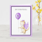 Niedlicher Lila Drache mit Ballon Erster Geburtsta Karte (Gelbe Blume)
