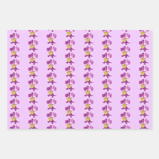 Niedlicher Lila Drache mit Kuchen und Balloons Geschenkpapier Set (Vorderseite 3)