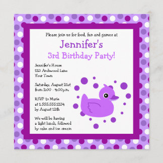 Niedlicher Lila Ducky mit Polka Dots Geburtstag Ei Einladung