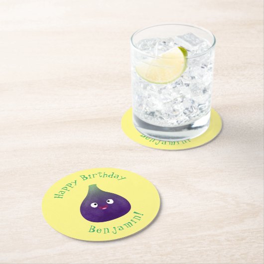 Niedlicher, lila Feigenfrucht-Cartoon Runder Pappuntersetzer (Vor Ort)