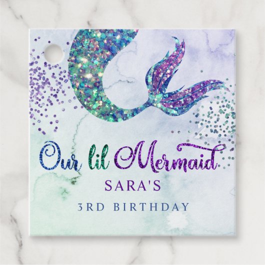 Niedlicher Lila Grüner Glitzer Mermaid Birthday Geschenkanhänger (Vorderseite)
