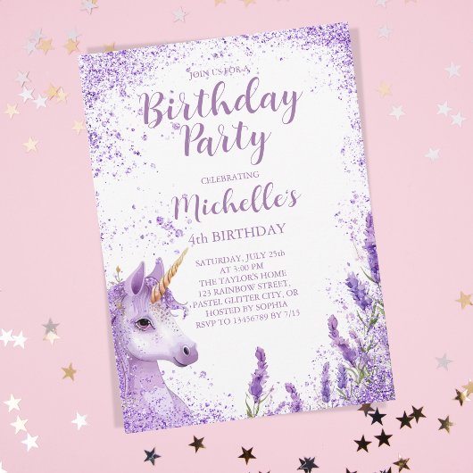 Niedlicher Lila Regenbogen-Glitzer Einladung