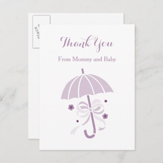 Niedlicher Lila Regenschirm und Bow Baby Dusche Vi Ankündigungspostkarte (Vorne/Hinten)