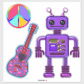 Niedlicher Lila Roboter mit Peace Sign und Gitarre Aufkleber (Blatt)
