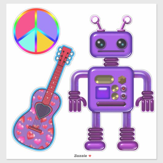 Niedlicher Lila Roboter mit Peace Sign und Gitarre Aufkleber (Blatt)