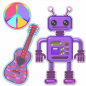 Niedlicher Lila Roboter mit Peace Sign und Gitarre Aufkleber (Vorderseite)