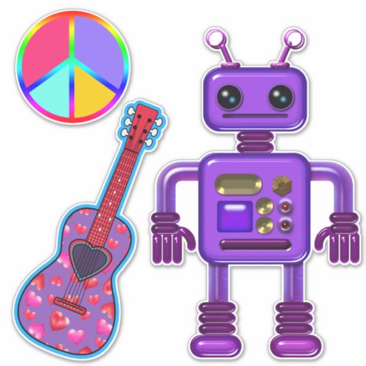 Niedlicher Lila Roboter mit Peace Sign und Gitarre Aufkleber (Vorderseite)