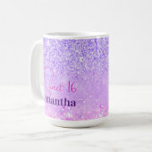 Niedlicher lila rosa Glitzer Geburtstagsmonogramm Kaffeetasse (Vorderseite Links)