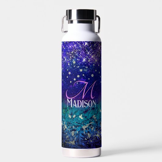 Niedlicher lila türkisfarbiger Glitzer Trinkflasche (Vorne)