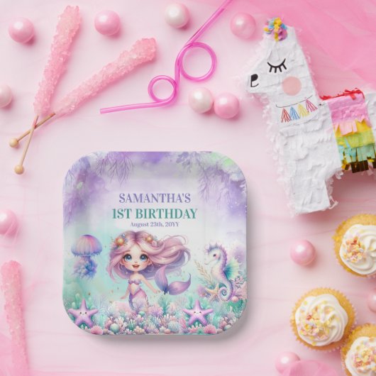 Niedlicher lila und aquamariner Meerjungfrau 1. Ge Pappteller (Party)