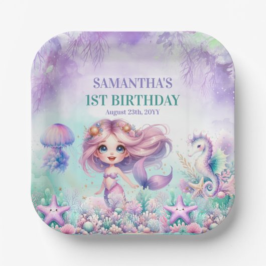 Niedlicher lila und aquamariner Meerjungfrau 1. Ge Pappteller (Vorderseite)