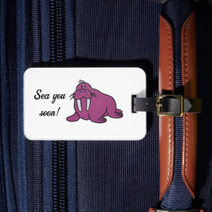 Niedlicher Lila Walrus Cartoon, freundliche Ozeann Gepäckanhänger