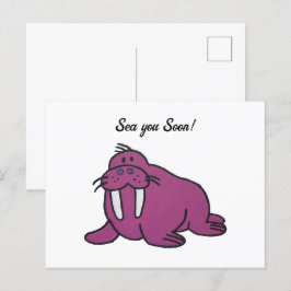 Niedlicher Lila Walrus Cartoon, freundliche Ozeann Postkarte