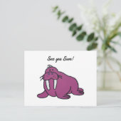 Niedlicher Lila Walrus Cartoon, freundliche Ozeann Postkarte (Stehend Vorderseite)