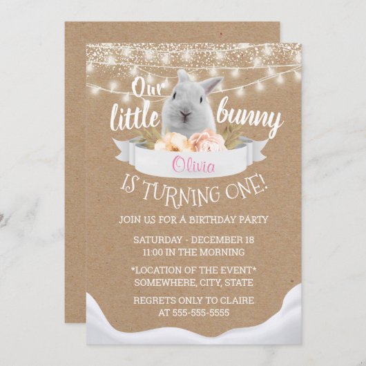 Niedlicher Little Bunny Rustic Kraft Erster Geburt Einladung (Vorne/Hinten)