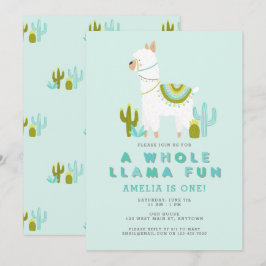 Niedlicher Llama Fun Aqua Erste Geburtstagsparty Einladung