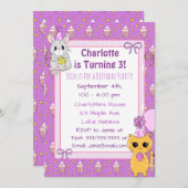 Niedlicher Llama, Kitten und Maus Lila zum Geburts Einladung (Vorne/Hinten)