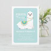 Niedlicher Llama mit Pom Poms Blue Fiesta Kinderge Einladung (Stehend Vorderseite)