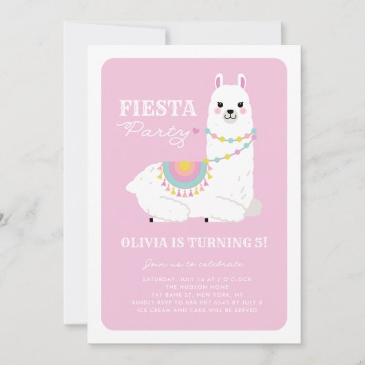 Niedlicher Llama mit Pom Poms Pink Fiesta Kinderge Einladung (Vorderseite)