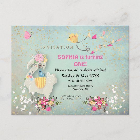 Niedlicher Llama und Blumensträuße Erster Geburtst Postkarte (Vorderseite)