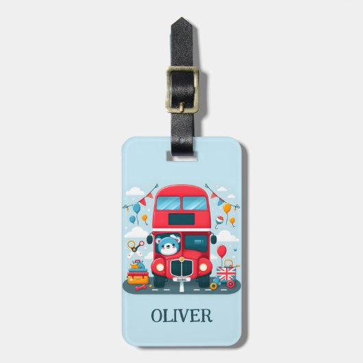 Niedlicher London Double Deck Bus und Teddy Bear Gepäckanhänger (Vorderseite vertikal)