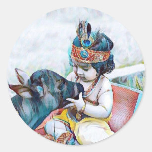 niedlicher Lord krishna mit Kuhklassiker Rundaufkl Runder Aufkleber