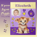 Niedlicher Löwe Foto Name lila Gelbe Kinder Puzzle<br><div class="desc">30 Stück Puzzle für Kinder. Mit einem niedlichen Löwen,  mit Sternen und Lieben Herzen. Fügen Sie einen Namen,  ein Initial und ein Foto hinzu. Farbschema: lila und gelbe Geschenkidee für Kinder.</div>