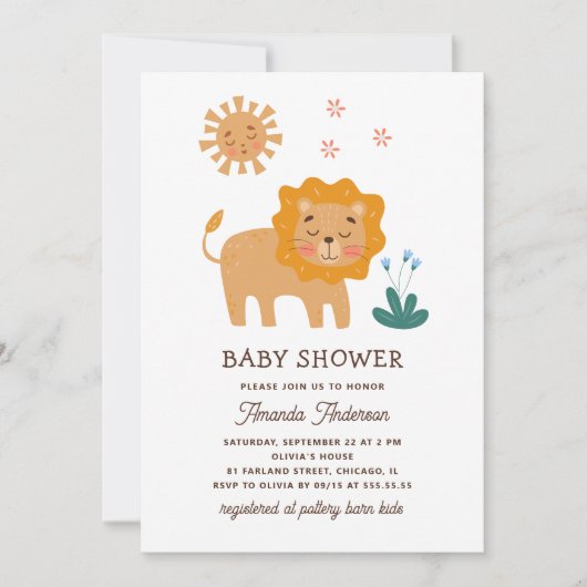 Niedlicher Löwe. Funny Zoo Safari Baby Dusche Einladung (Vorderseite)