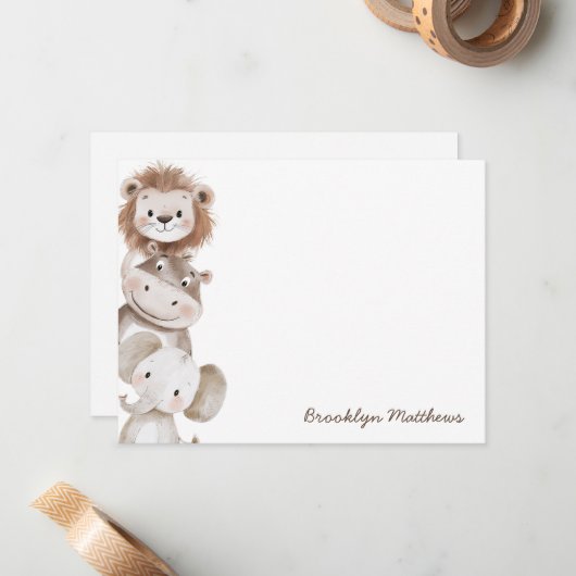 Niedlicher Löwe, Hippo & Elephant Kids Stationieru Mitteilungskarte (Vorderseite/Rückseite Beispiel)