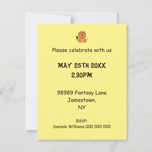 Niedlicher Löwe im Gras mit Ladybug, Kindergeburts Einladung (Rückseite)