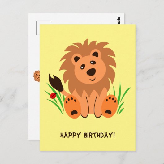 Niedlicher Löwe im Gras mit Ladybug Postkarte (Vorne/Hinten)