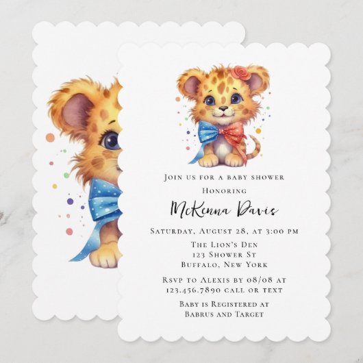 Niedlicher Löwe mit Bow Krawatte Kinderdusche Einladung (Vorne/Hinten)