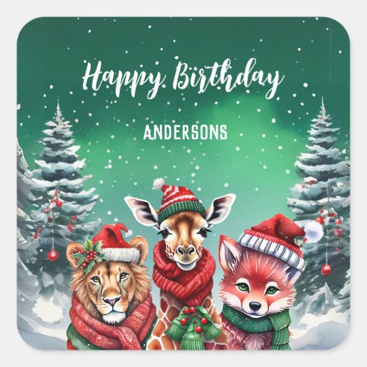 Niedlicher Löwenzoo Weihnachtsbaum Geburtstagsmädc Quadratischer Aufkleber (Vorderseite)